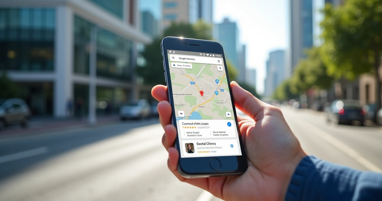 Busca de clínica odontológica no Google Maps em celular 