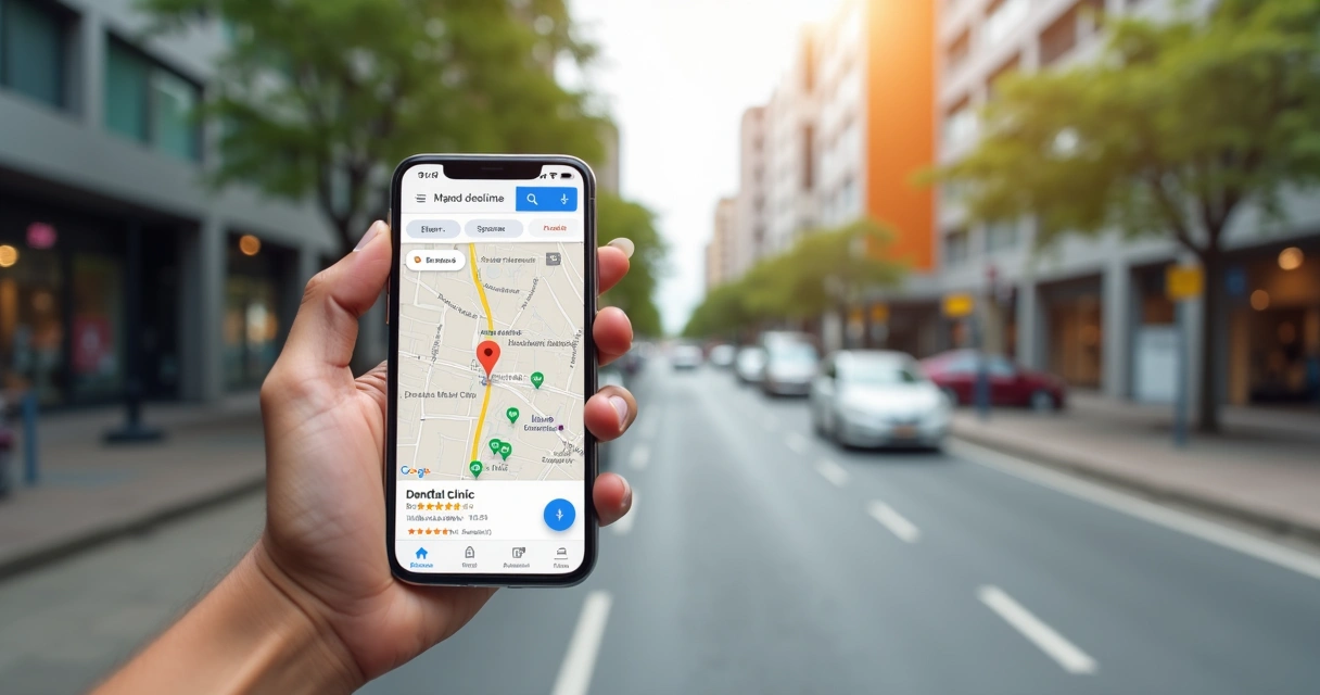 Pesquisa de clínica odontológica no Google Maps em celular 