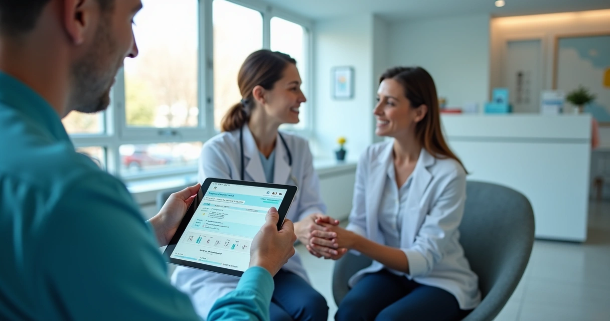 Equipe de clínica odontológica aplicando pesquisa em paciente na recepção 