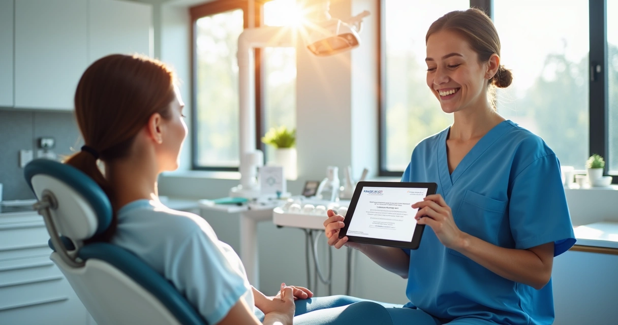 Dentista segurando tablet mostrando pesquisa de satisfação ao paciente 