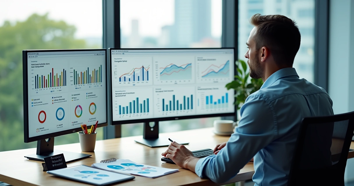 Profissional analisando gráficos de concorrentes em planejamento digital 