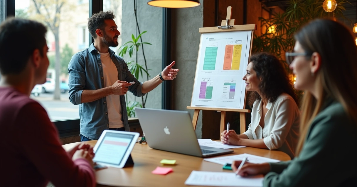 Empreendedora mostrando teste de conceito a consumidores em café moderno 