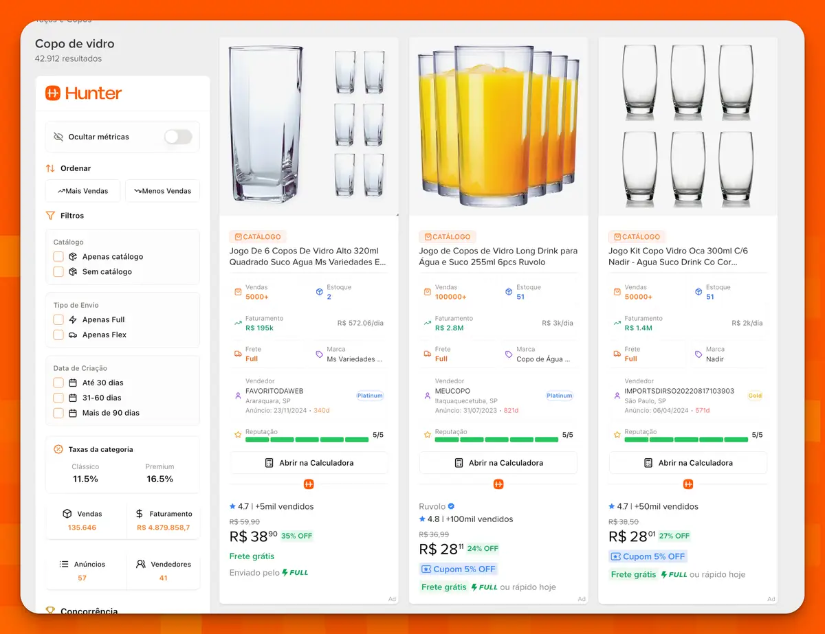 Interface do Hunter mostrando pesquisa de copos de vidro com preços, estoque, vendas e filtros à esquerda.