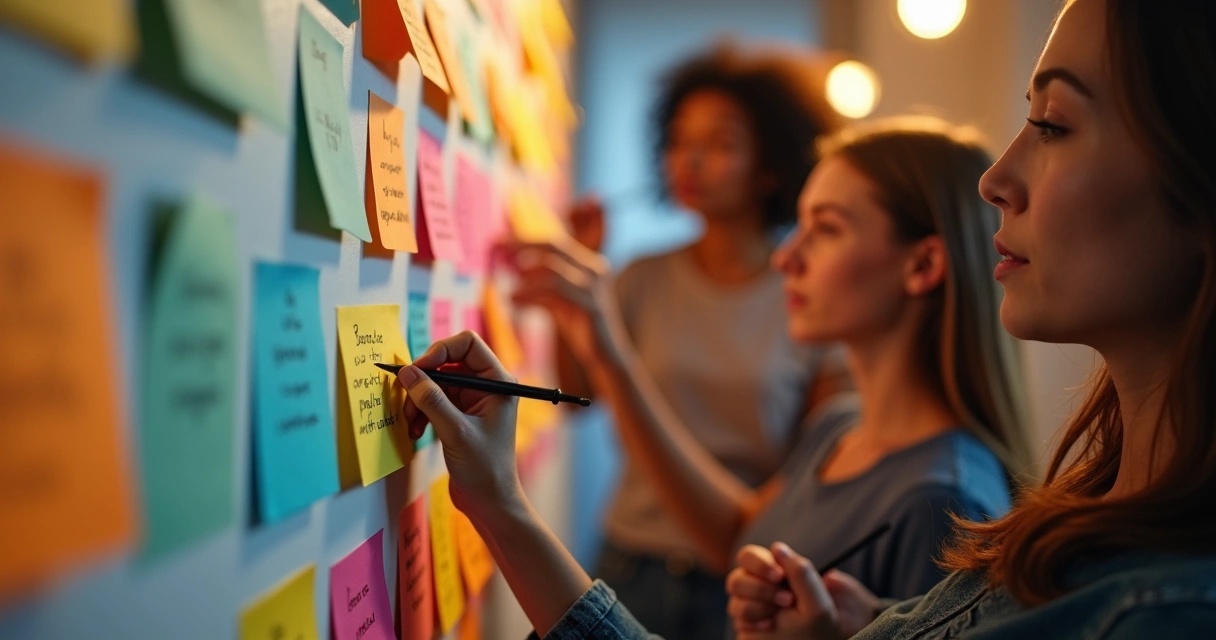 Pessoas escrevendo em post-its coloridos em uma parede, anotando crenças limitantes 