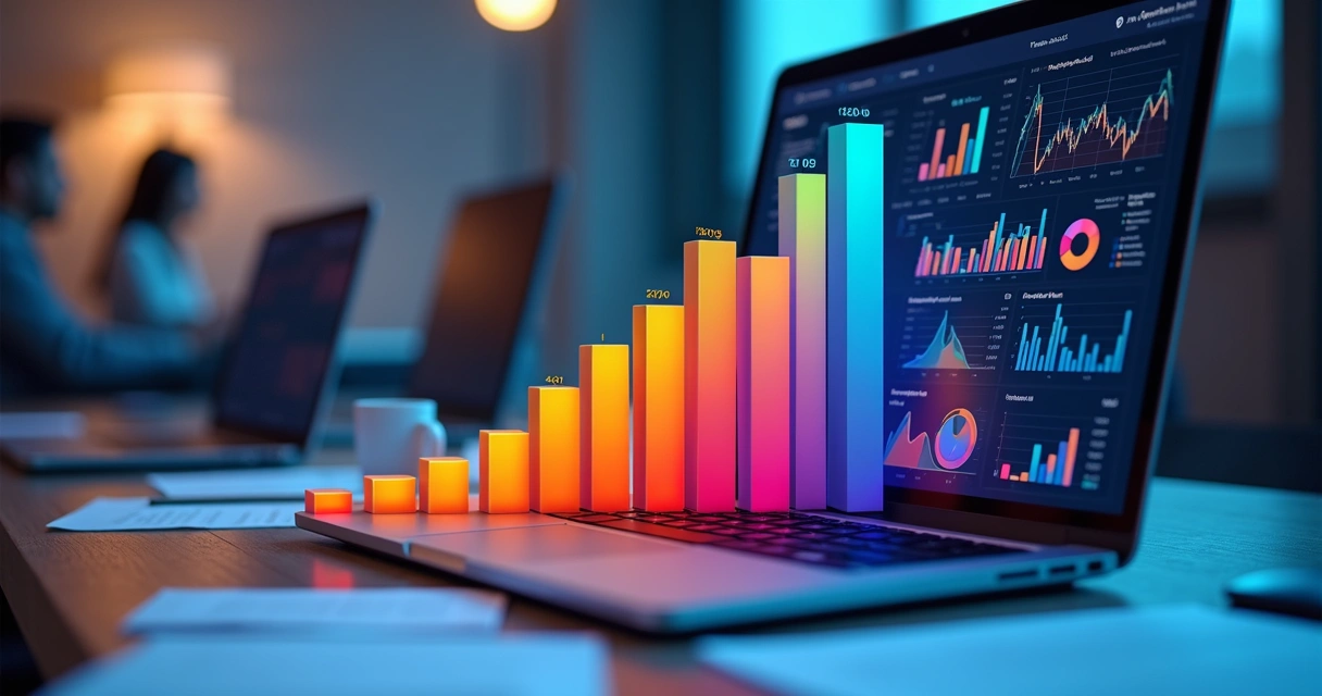 Gráfico colorido mostrando crescimento do mercado de APIs por ano, mesas de escritório ao fundo 