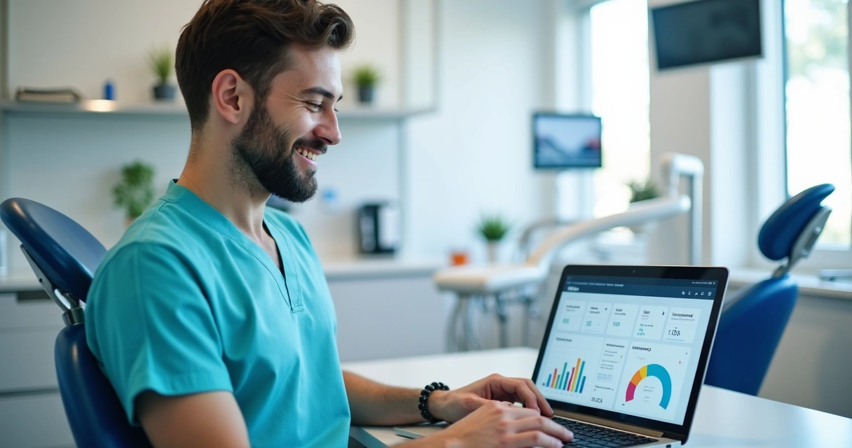 Dentista usando computador em consultório com dados digitais na tela