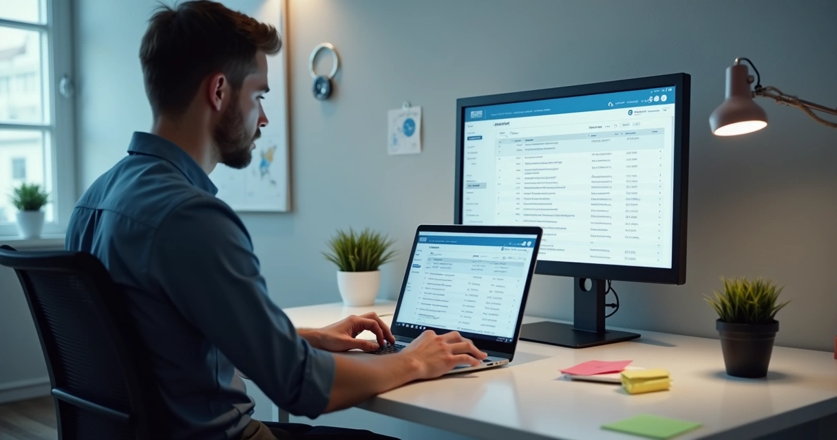 Homem pesquisando listas em um notebook com dados de sanções na tela