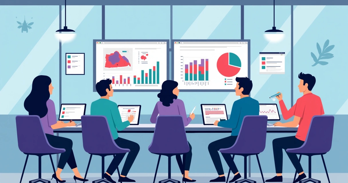Equipe analisando dados digitais em grandes telas, gráficos e mapas em escritório moderno 