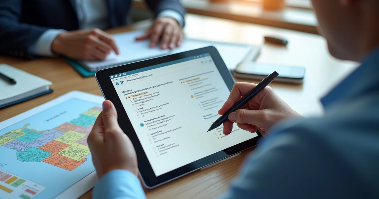 Pessoa preenchendo pesquisa política em tablet com gráficos ao lado 
