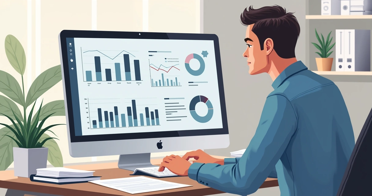 Profissional utilizando computador para analisar pesquisas de mercado B2B 