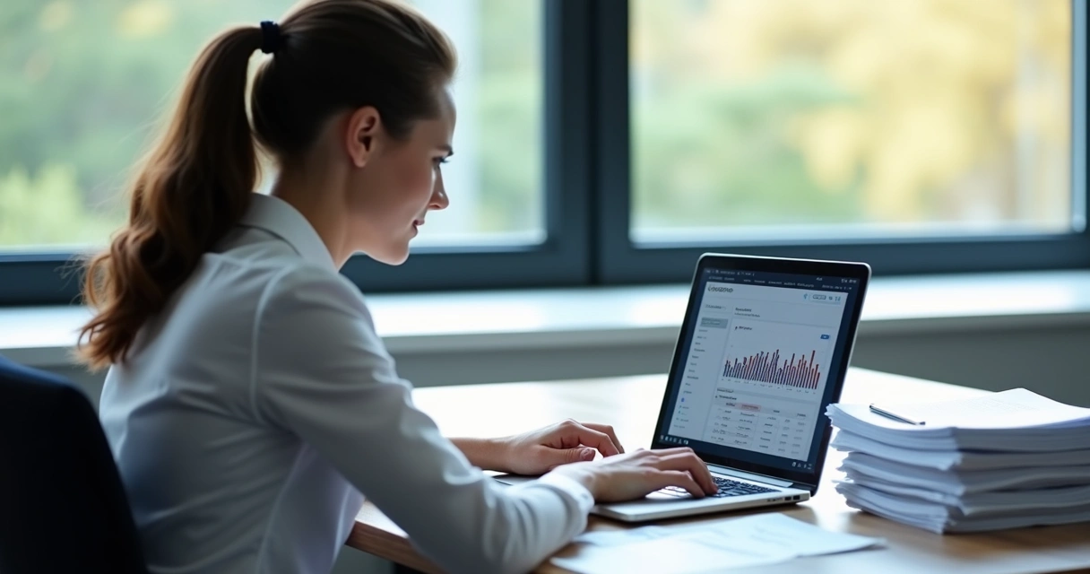 Profissional analisando dados de empresa na tela do notebook 