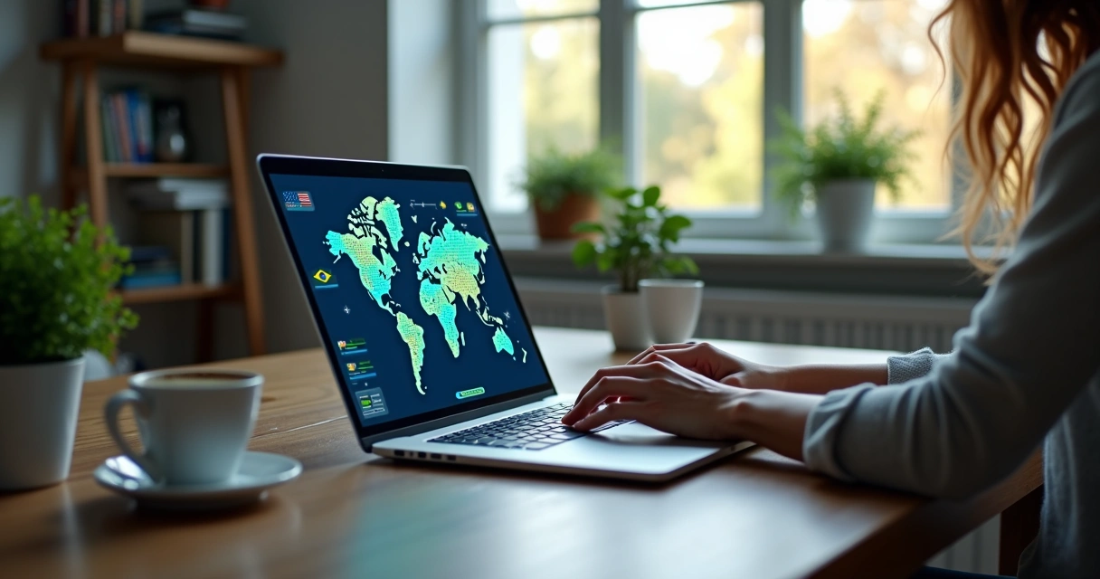 Pessoa pesquisando vagas de trabalho remoto no Brasil em laptop com mapas e gráficos na tela 