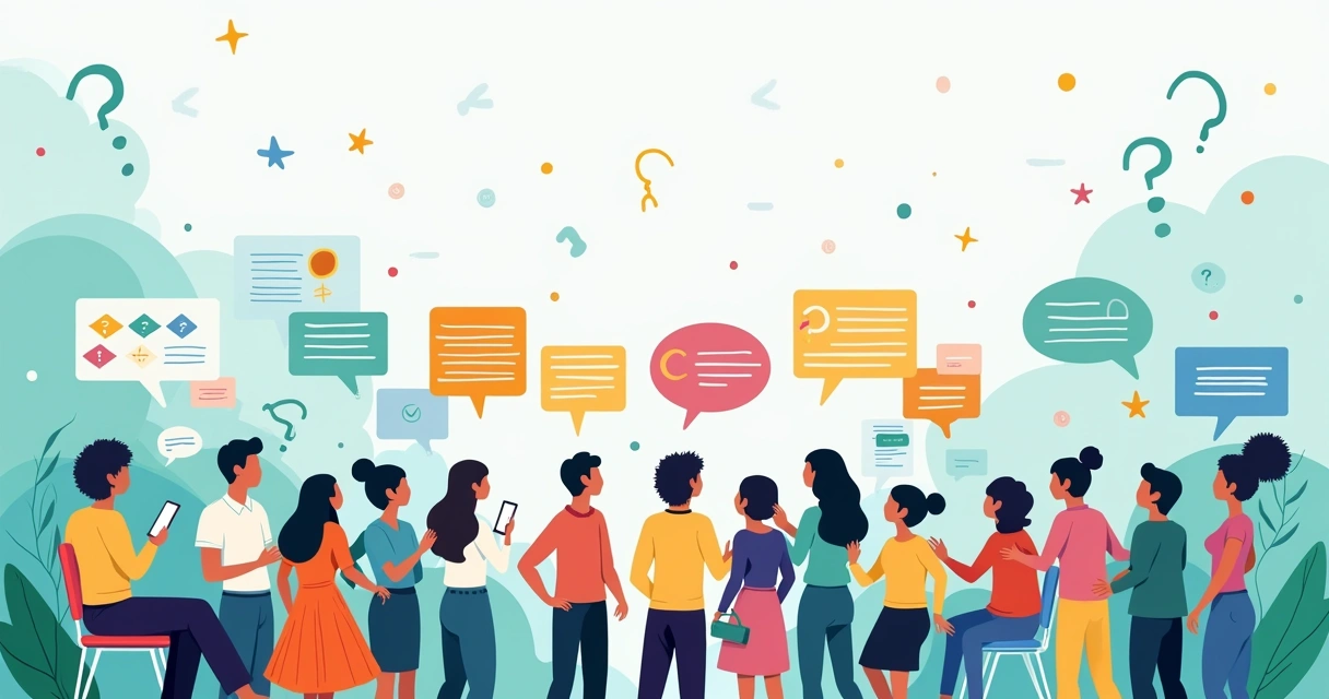 Grupo diversificado de pessoas discutindo opiniões sobre um novo aplicativo. Ferramentas de pesquisa e um fundo vibrante.