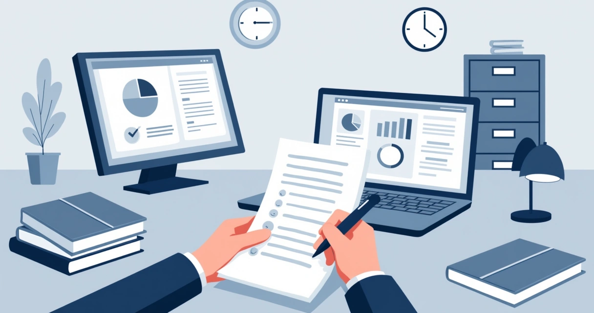 Pessoa preenchendo questionário em papel, ao lado de computador moderno