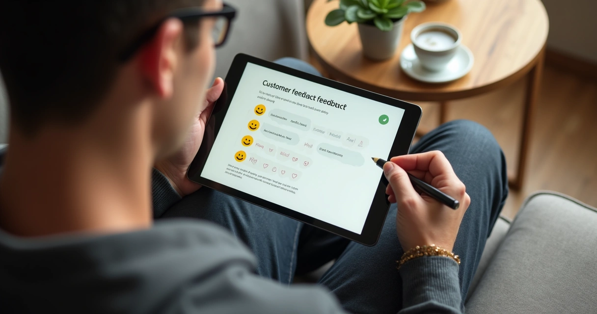 Cliente preenchendo pesquisa de feedback em tablet após atendimento 