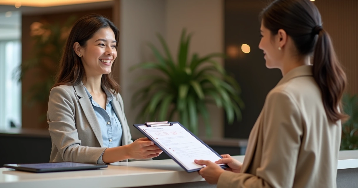 Recepcionista entrega pesquisa de satisfação para hóspede em hotel 