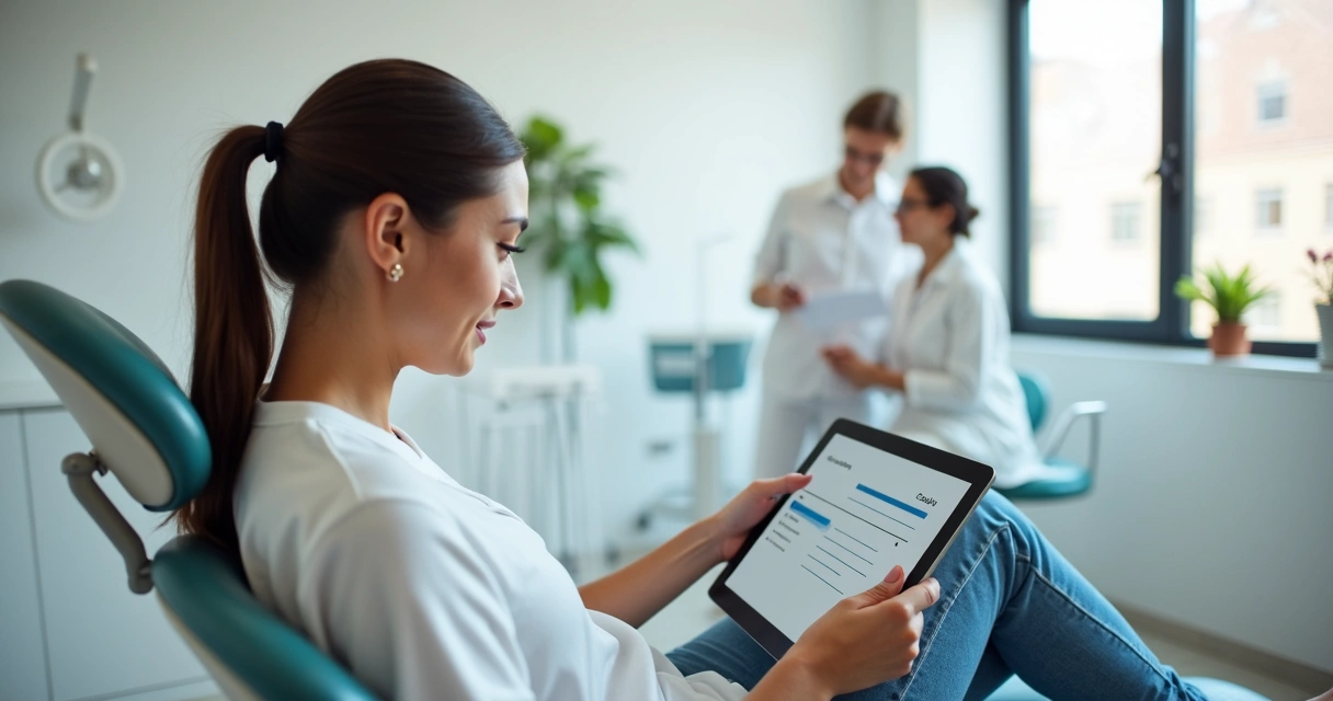 Paciente preenchendo pesquisa de satisfação em tablet na clínica odontológica 