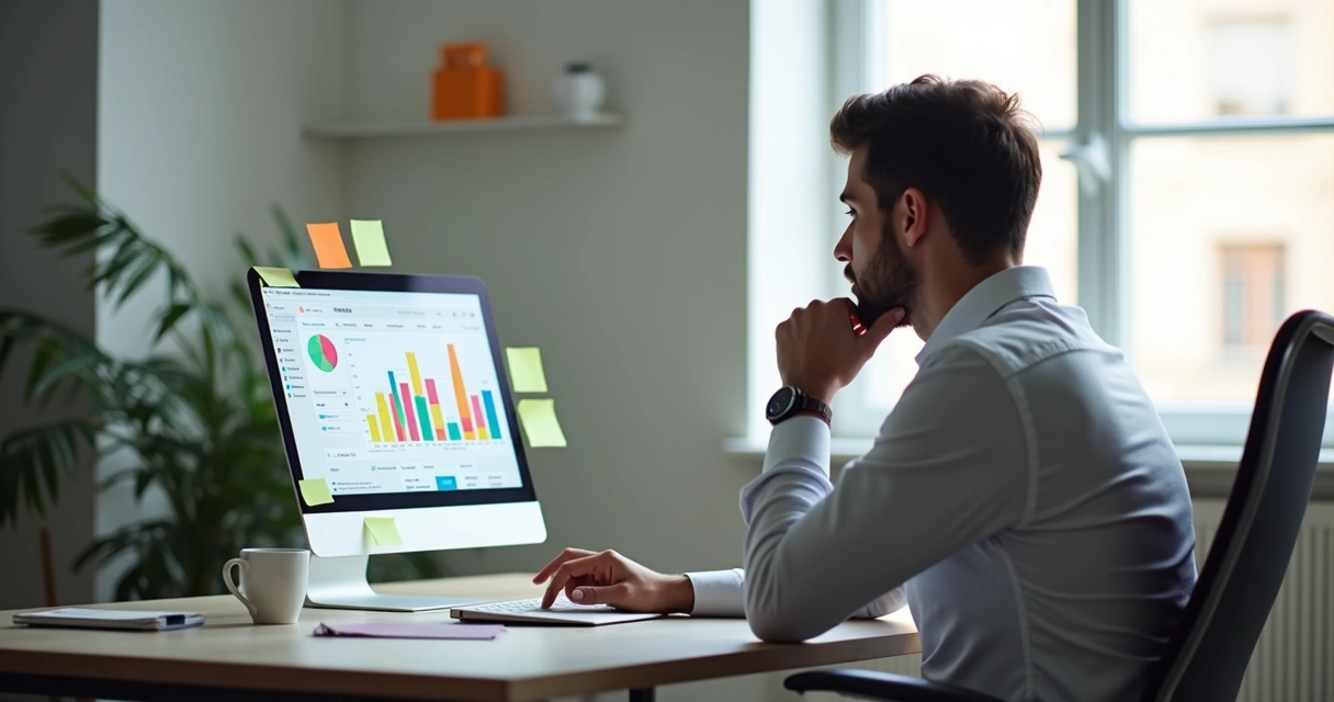 Gestor olhando tela com gráficos de feedback de clientes 