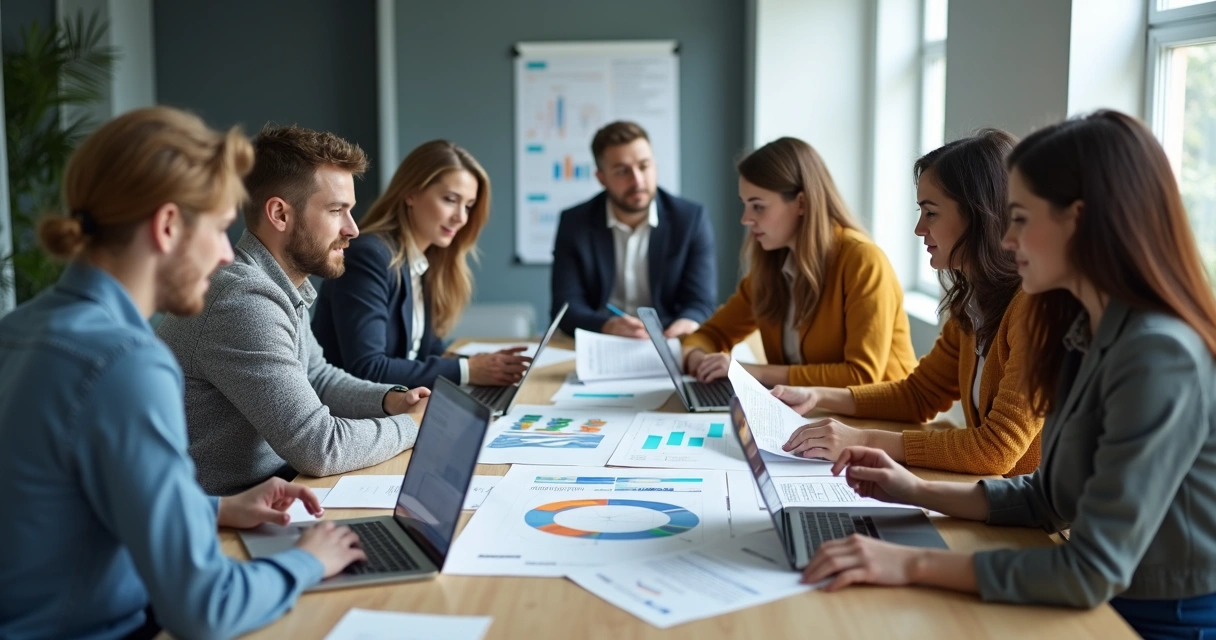 Equipe reunida em reunião analisando pesquisas de opinião 