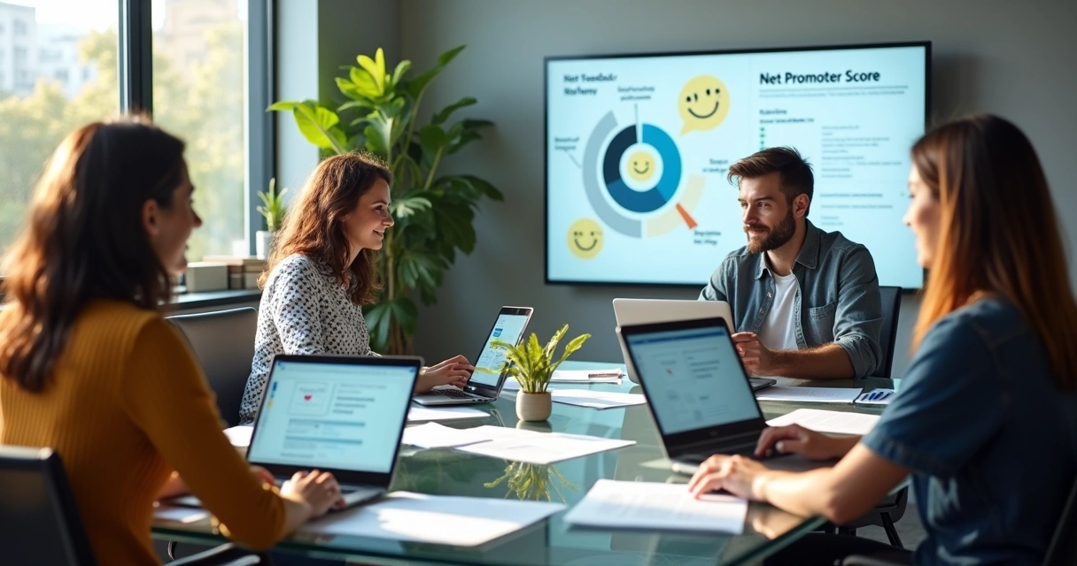 Clientes e equipe analisando relatórios de feedback em uma reunião de agência 