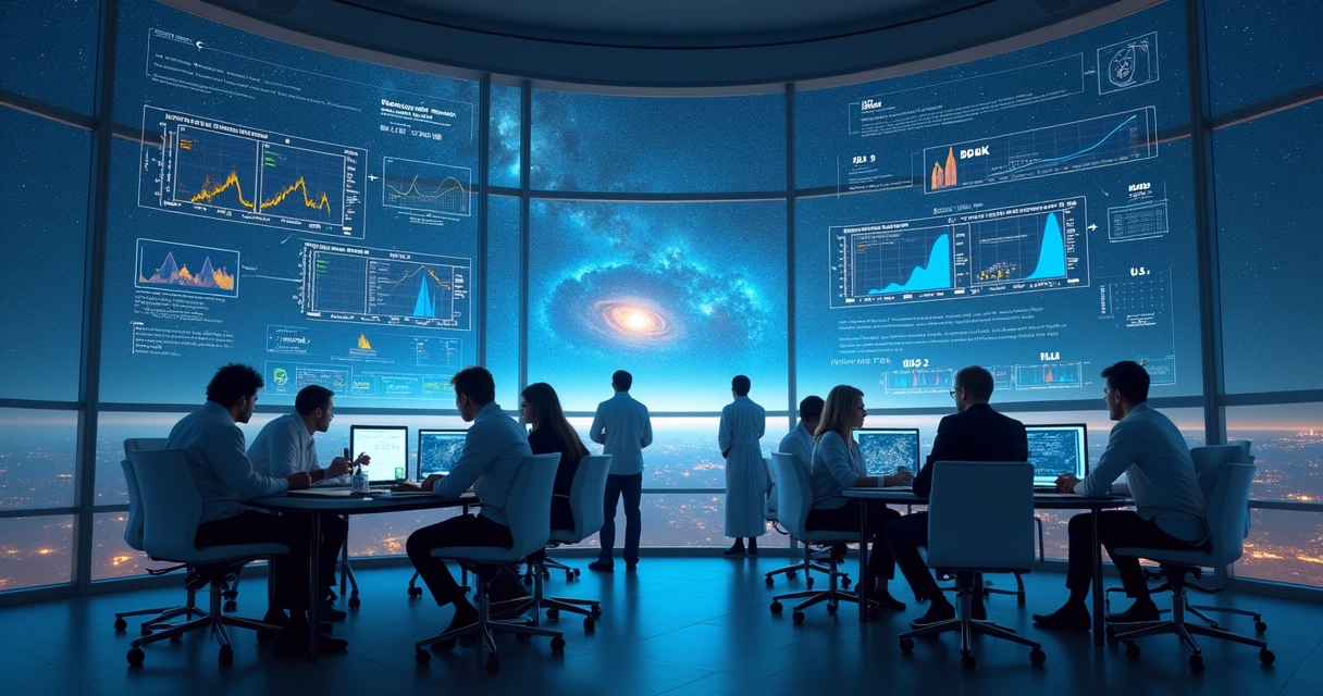 Cientistas observando gráficos de energia escura e expansão do universo 