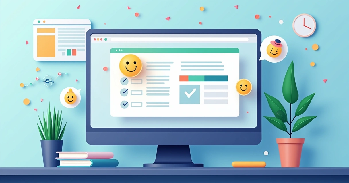 Interface de pesquisa online gamificada com barras de progresso e emojis de reação 