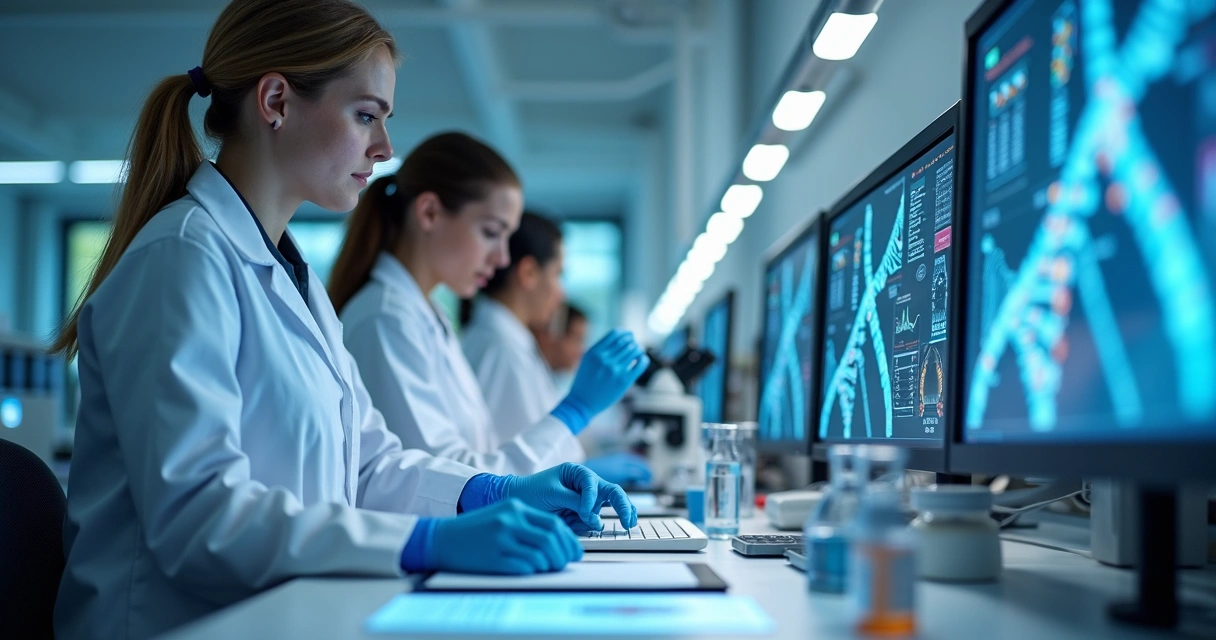 Laboratório com equipe analisando amostras de DNA e gráficos de mapeamento genético