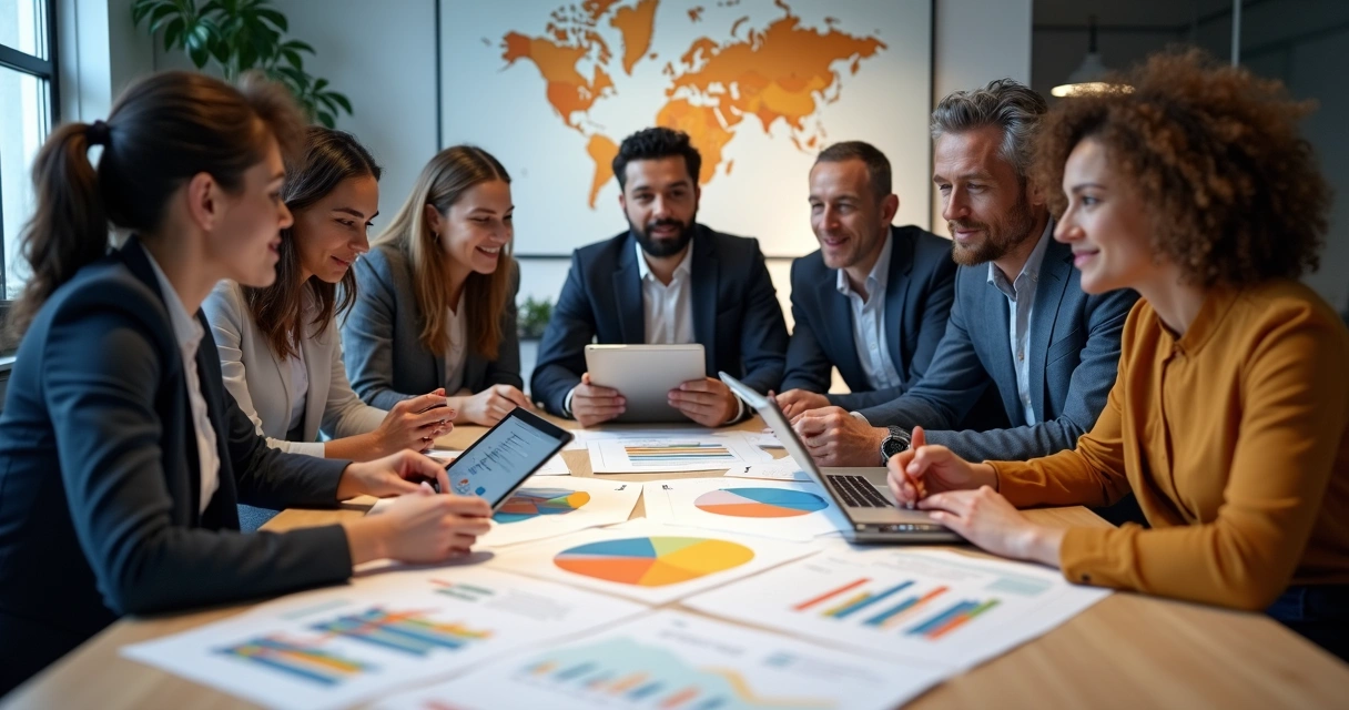 Internacionalização de pesquisa de satisfação, pessoas multiculturais ao redor de mesa analisando gráficos 