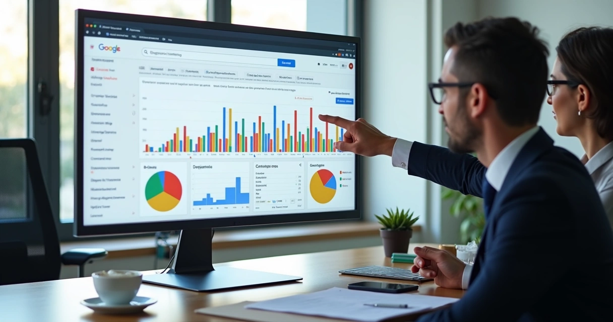 Tela de computador mostrando painel do Google Ads exibindo gráficos de desempenho 