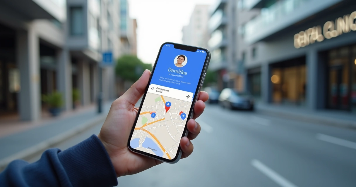 Busca local por clínica odontológica no celular e mapa ao fundo 