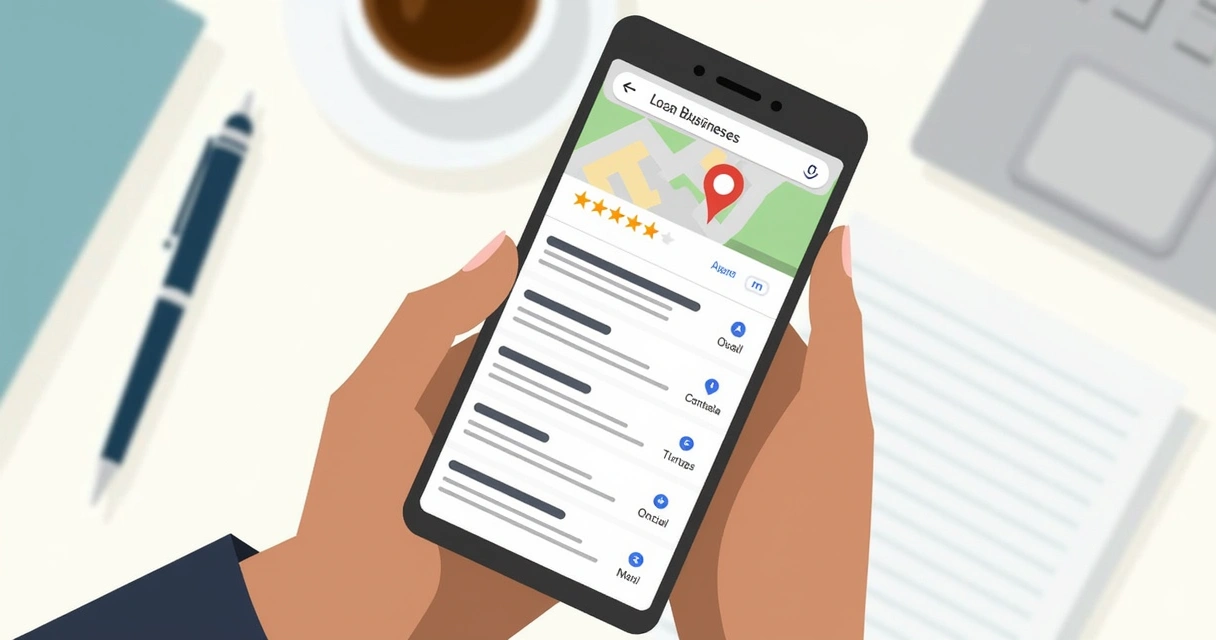 Mão segurando um smartphone mostrando resultados de pesquisa no Google 