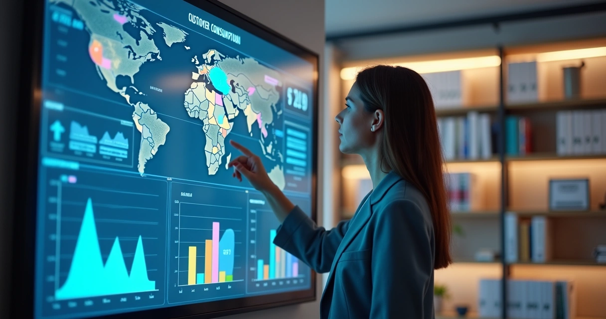 Profissional analisando dados de consumo de clientes em tela digital 