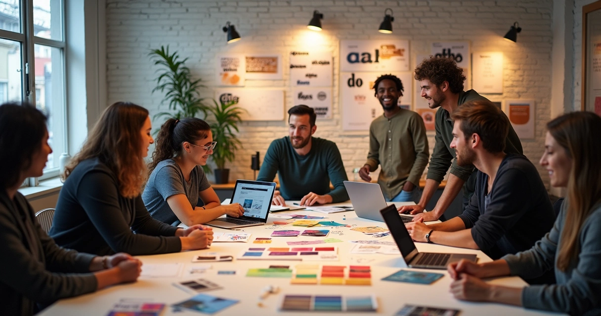 Equipe reunida analisando exemplos de identidades visuais e tendência de design 