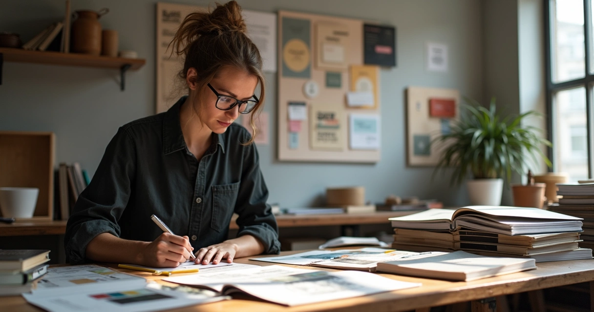 Designer analisando pesquisas e informações para identidade visual empresarial 