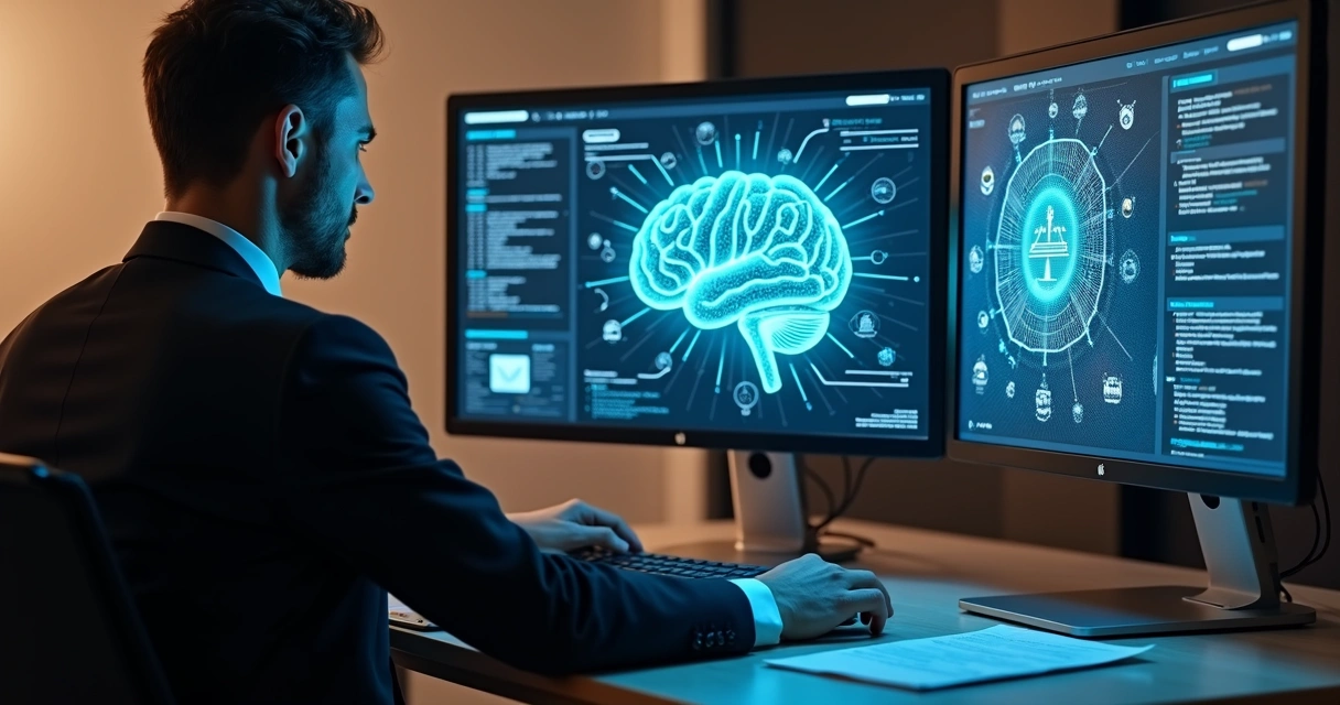 Advogado pesquisando decisões judiciais com inteligência artificial 