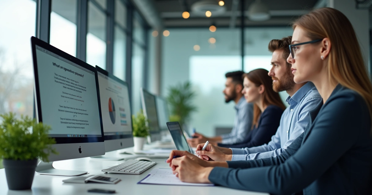 Profissionais respondendo pesquisa digital em ambientes de trabalho modernos 