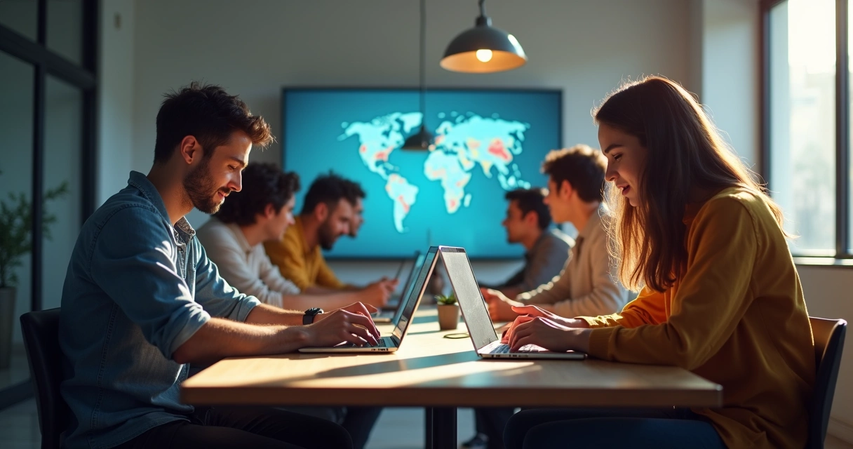 Jovens sentados em uma mesa usando notebooks para responder pesquisa online 