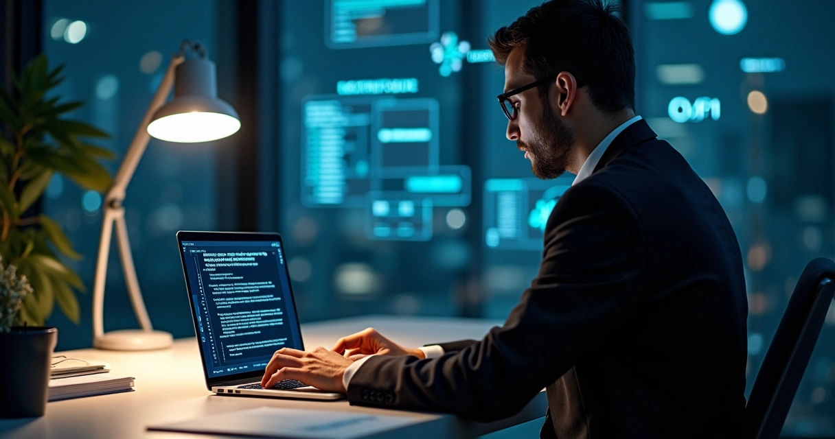 Advogado faz pesquisa jurídica em computador com gráficos e códigos ao fundo 