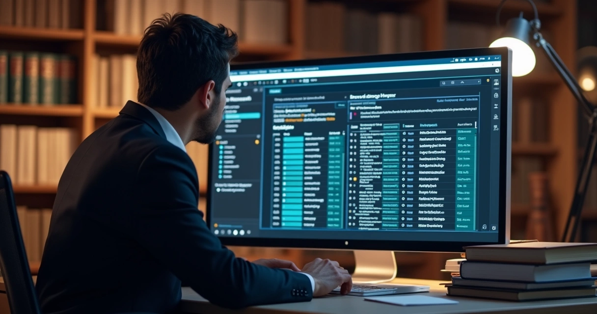 Advogado usando computador para pesquisa jurídica avançada com IA 
