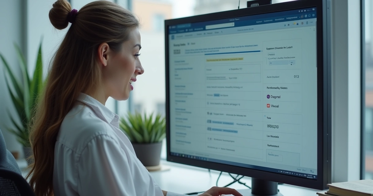 Advogado revendo pesquisa jurídica automatizada em tela, interface clara 