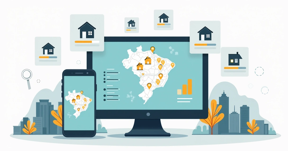 Busca de imóveis em leilão em mapa digital com vários filtros e localização regional 