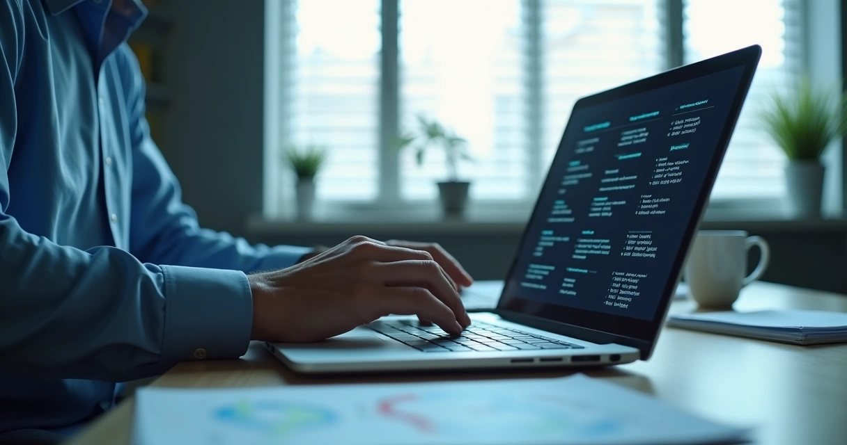 Homem digitando dados para buscar nome em lista de sanções em laptop 
