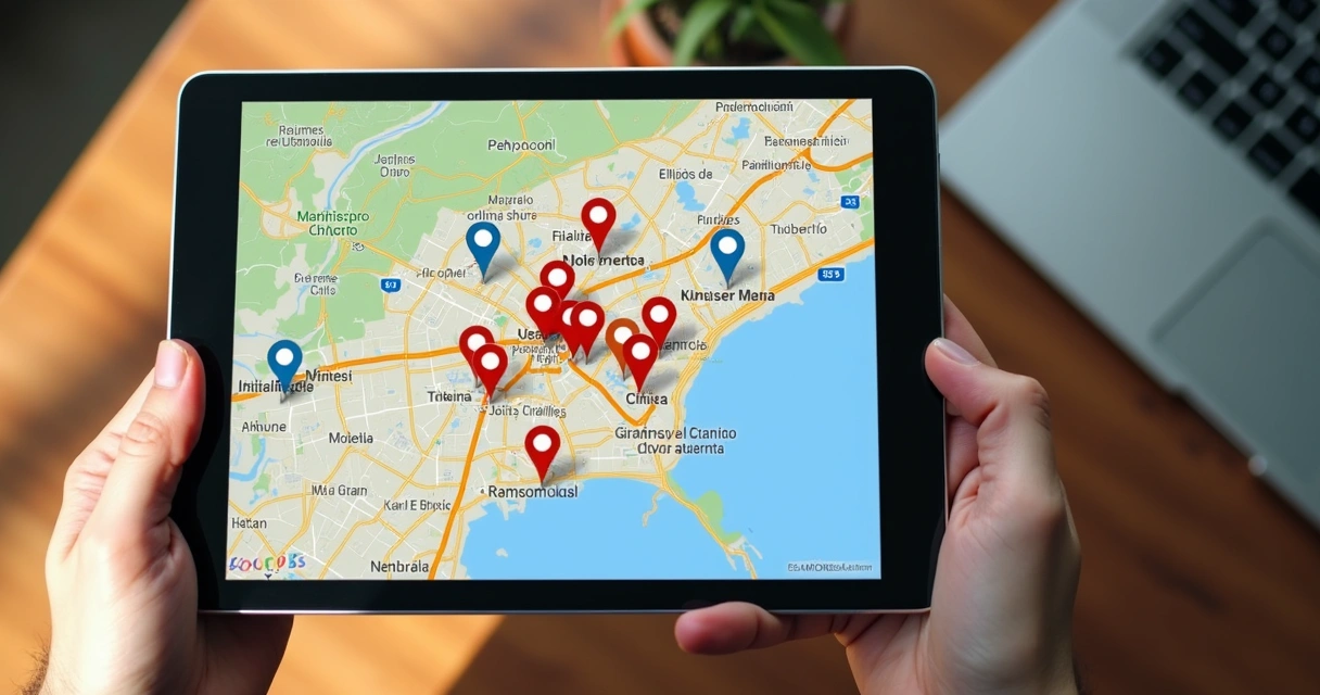 Busca de negócio local em mapa digital com destaque para pinos de localização 