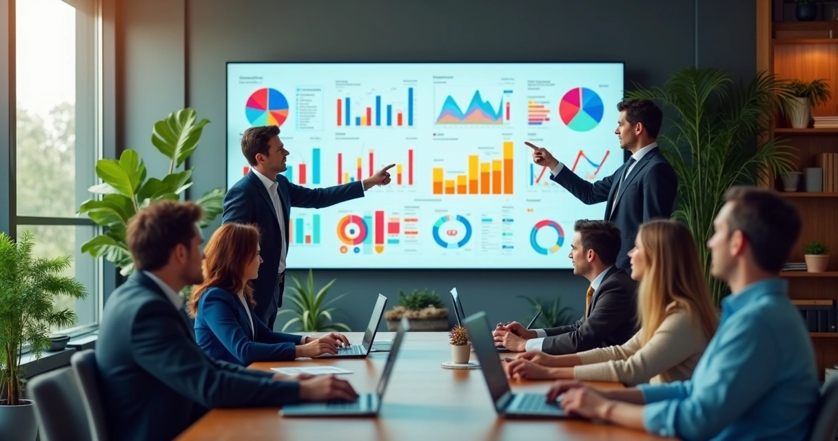 Gráfico colorido com pessoas analisando dados de pesquisa em uma grande tela