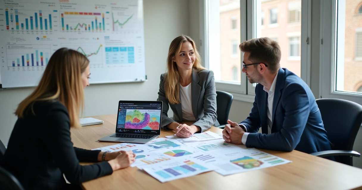 Equipe analisando gráficos de mercado em mesa de reunião 