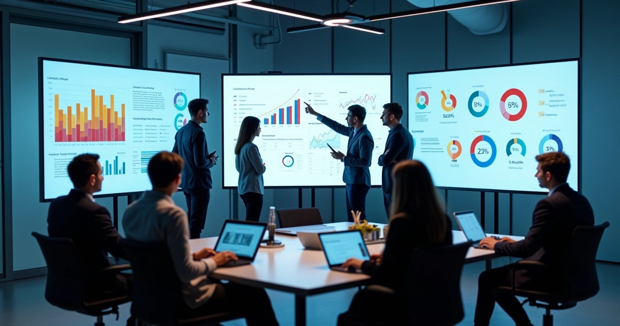 Equipe de profissionais analisando resultados de pesquisa de mercado em painéis digitais