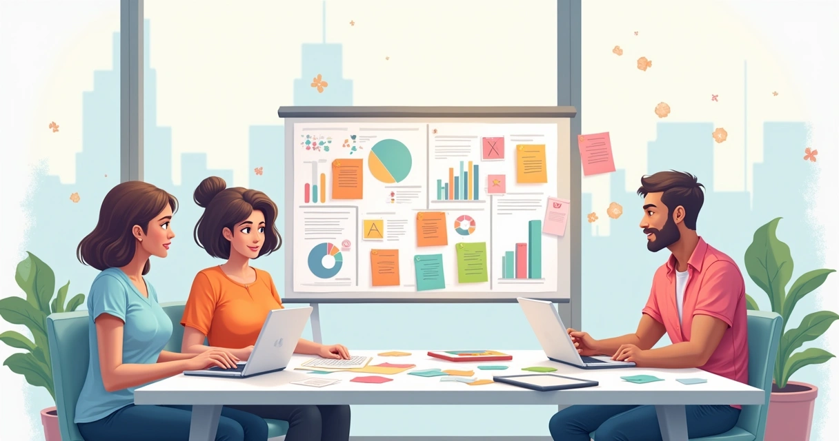 Grupo diverso analisando pesquisa de mercado em um escritório moderno com gráficos de moda e dados.