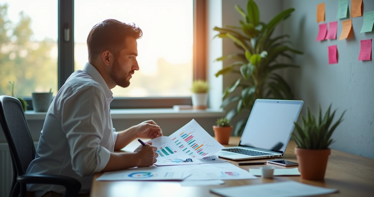 Empresário analisando gráficos em papel e tela no escritório