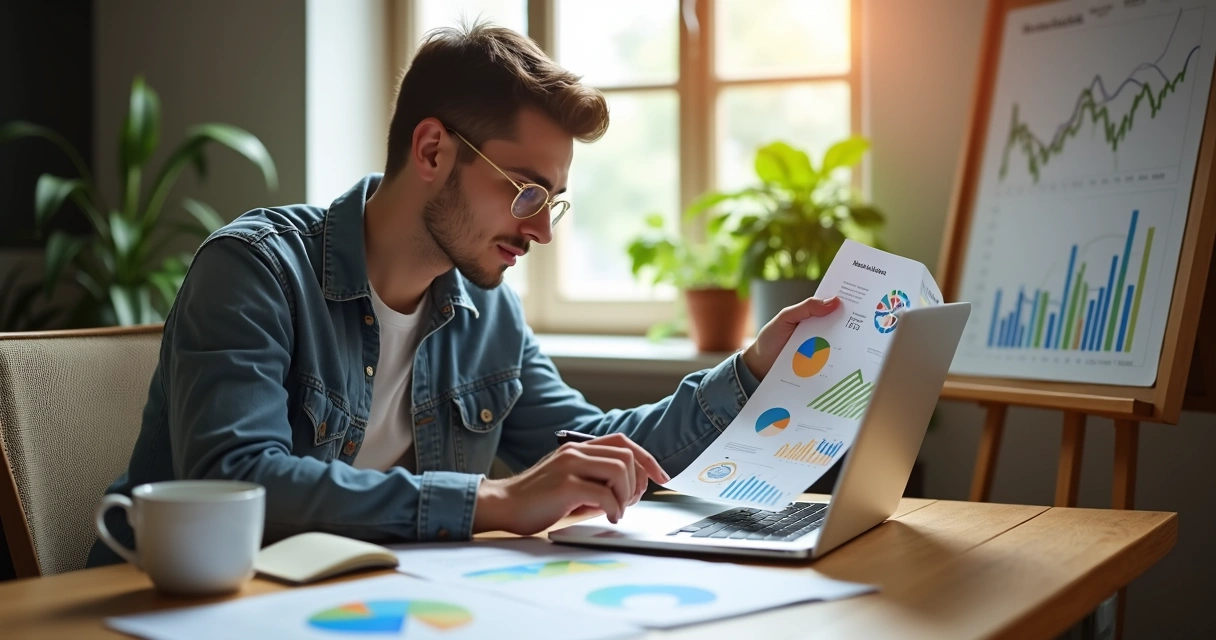 Empresário analisando gráficos de mercado em notebook. 