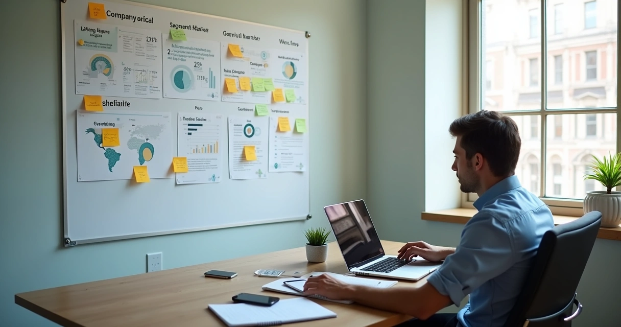 Profissional analisando dados de mercado em notebook e painel na parede 